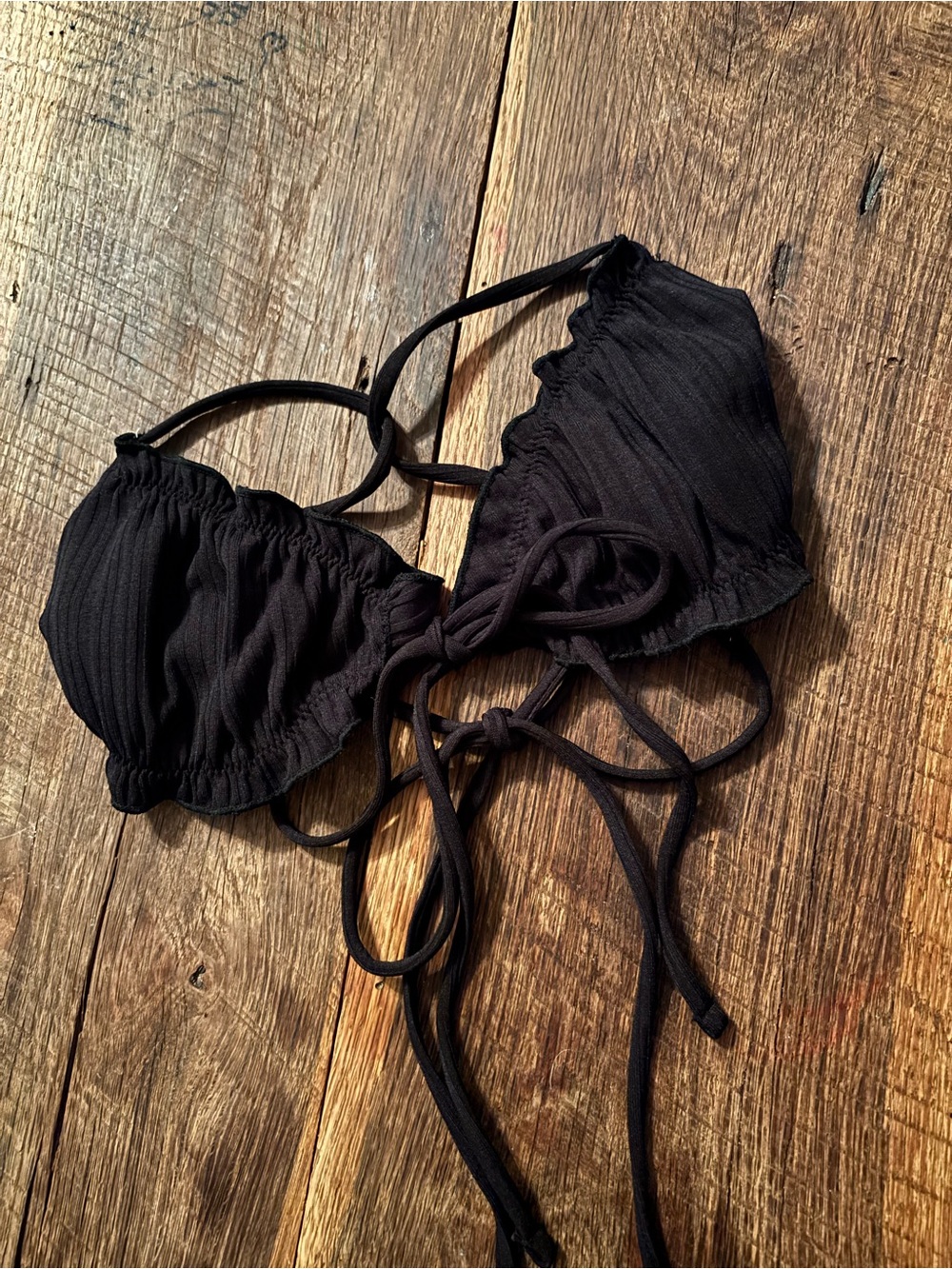 Black Ribbed Tie-Back Bikini Top